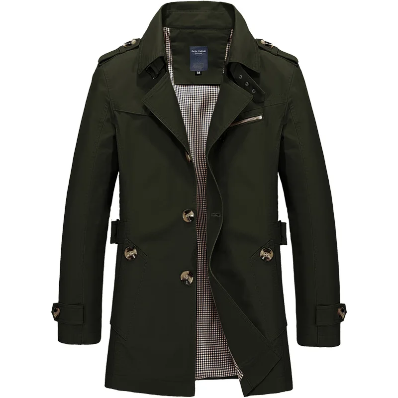 Men's Solid Color Windbreaker Coat Mid-length Fashion Casual Button Jacket Tops Business Office Commuter Trench Coat Outerwear