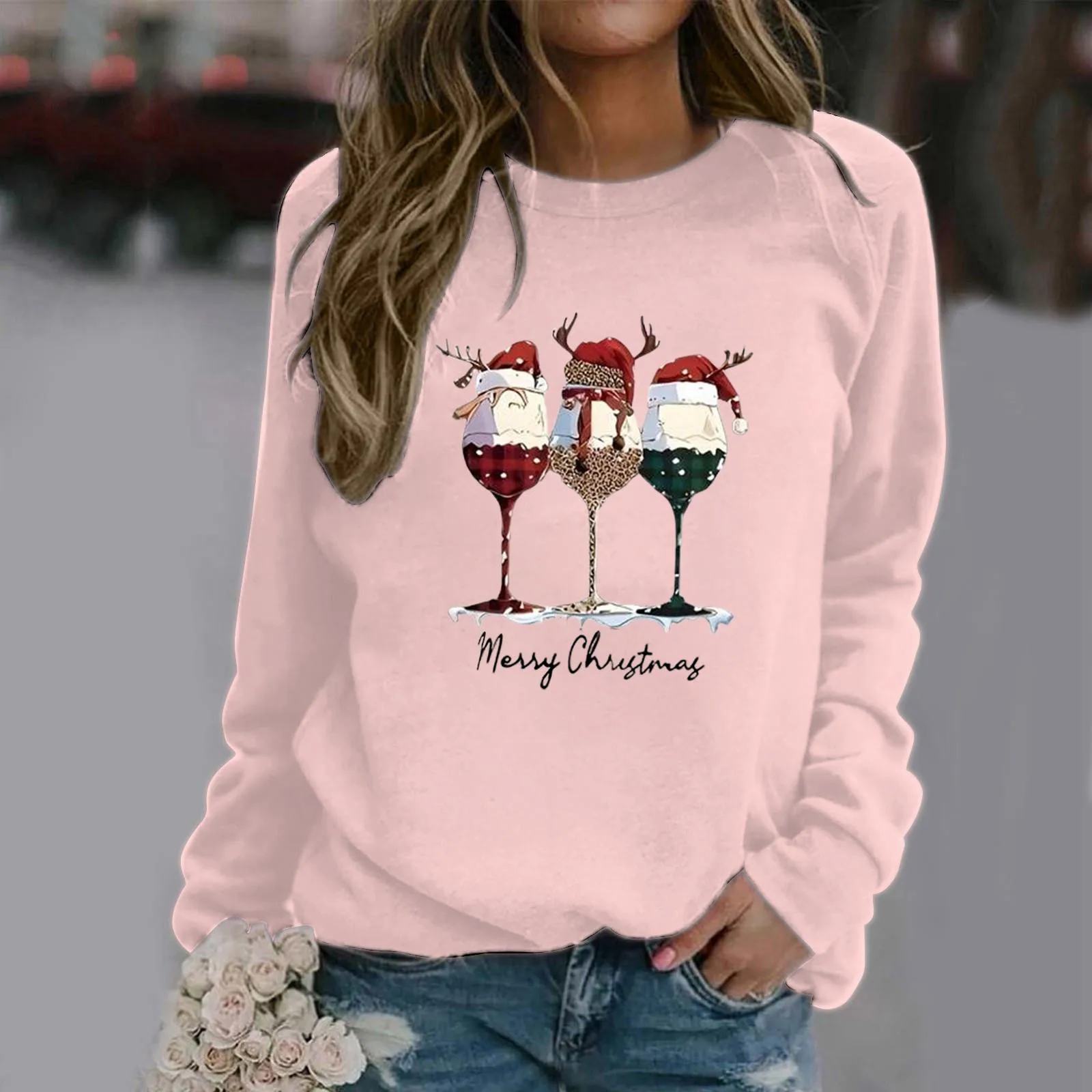 

Womens Autumn And Winter Casual Fun Christmas Wine Cup Printed Round Neck Long Sleeved folk 90s Fairycore Cropped Tops