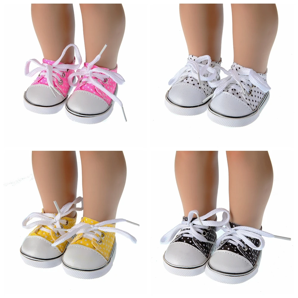 7cm Canvas Dot Print Sneakers New Born Baby Shoes Handmade Lace-up Sneakers Shoes For 18 Inches American 43 cm Baby Dolls GIfts