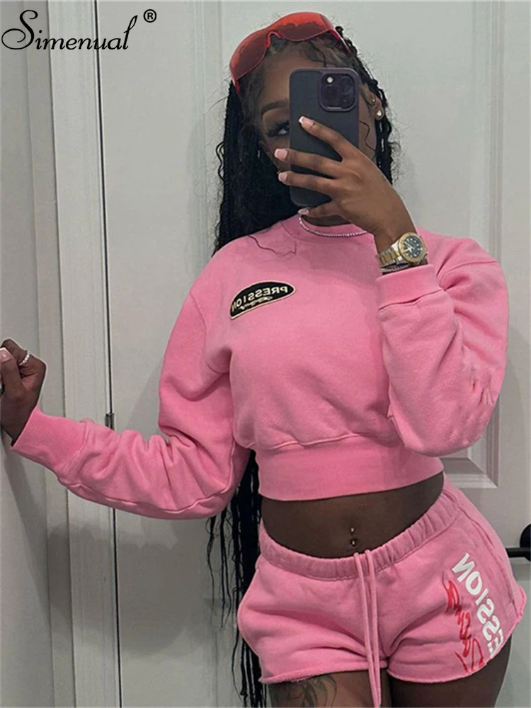 

Simenual High Street Atutumn Women Two Piece Sets Y2K Letter Print Crop Tops Sweatshirts Cute Lace-Up Shorts Casual Co-ord Suits