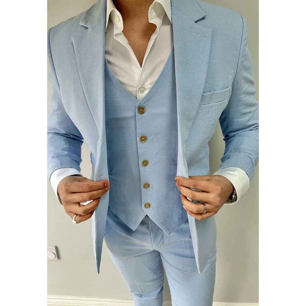 

Solid Color Baby Blue New Design Casual 3 Piece Jacket Pants Vest Spring Notch Lapel Single Breasted Skinny Men's Suits Blazer