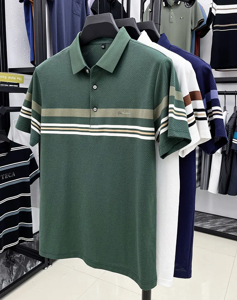 Light luxury brand striped decoration short sleeve polo shirt fashion embossed summer comfort breathable casual men's T-shirt 10