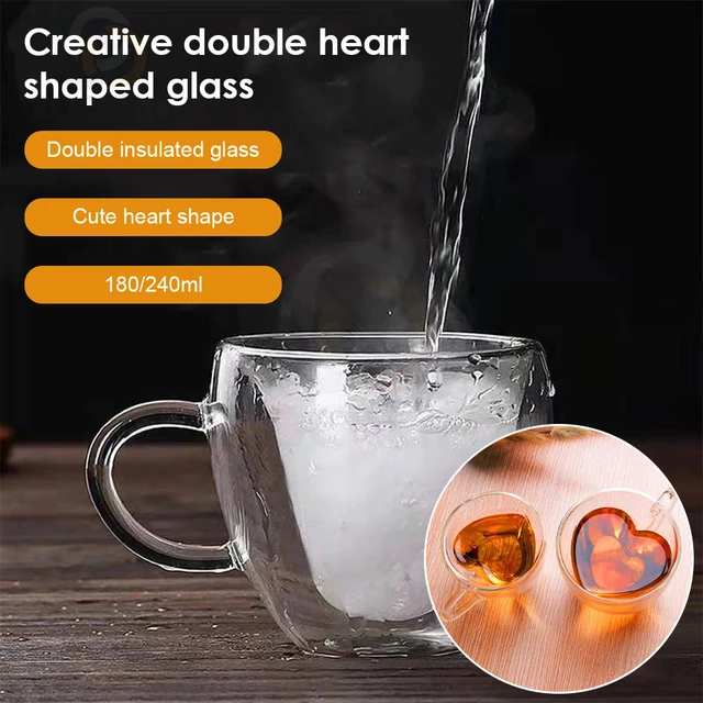 Tasses à café ou à thé en forme de cœur double paroi en verre