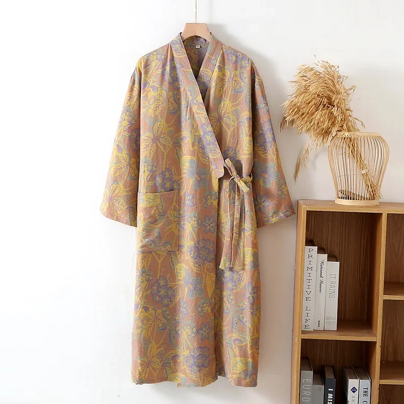 National Style Cotton Double-layer Gauze Nightgown Mid Length Spring and Autumn Seven Quarter Sleeve Loose Women's Bathrobe