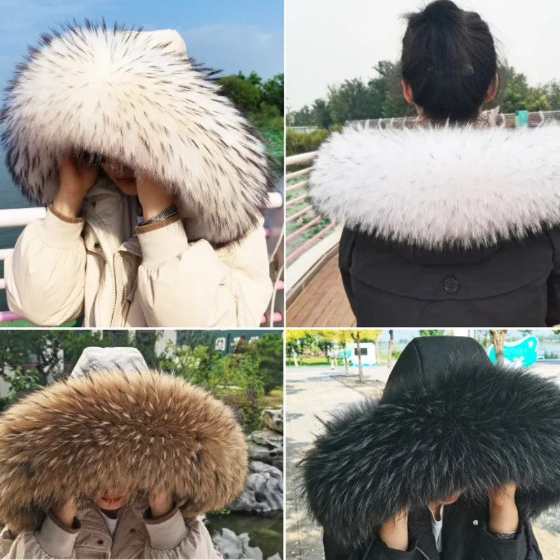 Real Fur Collar For Women Coat Natural Raccoon Fur Scarf Large Fur Shawl Real Raccoon Fur Collar Shawl Lady Soft Fur Decor Scarf