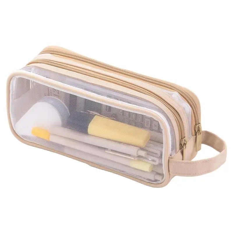

Large Capacity Mesh Pencil Case Transparent Stationary Makeup Bag 2 Compartment Pen Bag Clear Handheld Multi-function Pencil