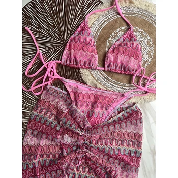 Sexy Bikini Knit Set 2025 Women Halter Push Up Bra Skirt 3 Piece Swimsuit Summer Bathing Suit Cover Up Thong Swimwear Biquini