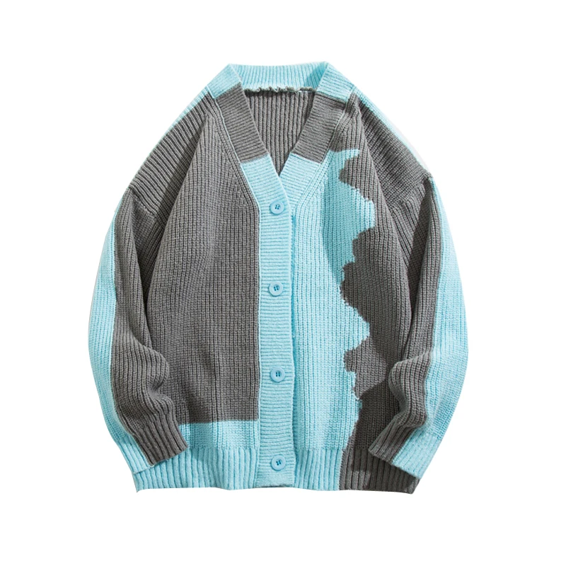 Men's Color Blocking Cardigan Sweater Women Loose Casual V-neck Long Sleeves Single Breasted Knitted Jacket Tops Sweaters