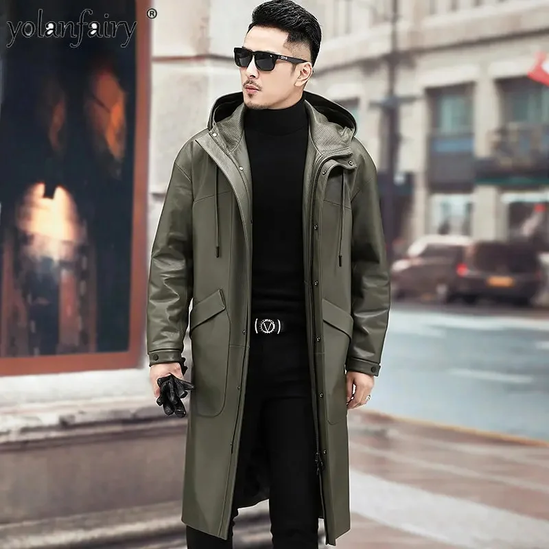 

Ветровка мужская из натуральной кожи, Повседневная Длинная куртка, пальто с капюшоном из овчины, свободный красивый топ