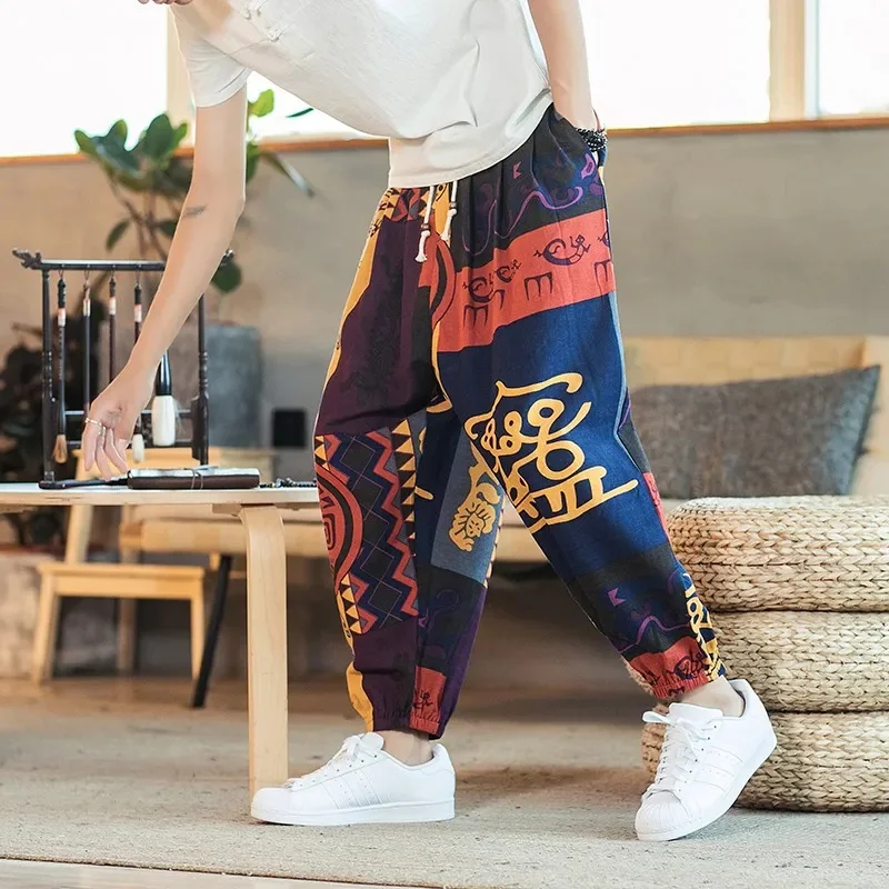 

Printed Men Women Baggy Harem Pants Hip hop Joggers Causal Loose Trousers Aladdin Crotch Wide Leg Cotton Linen