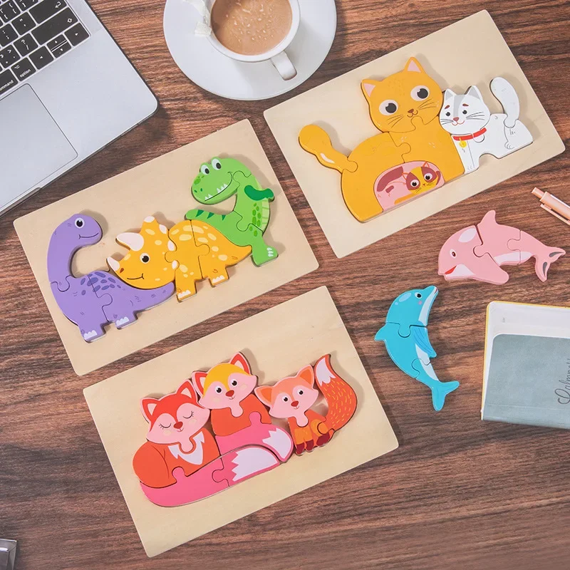3D Wooden Puzzles Cartoon Animals Early Learning Cognition Intelligence Educational Puzzle Games for Children Montessori Toys 5
