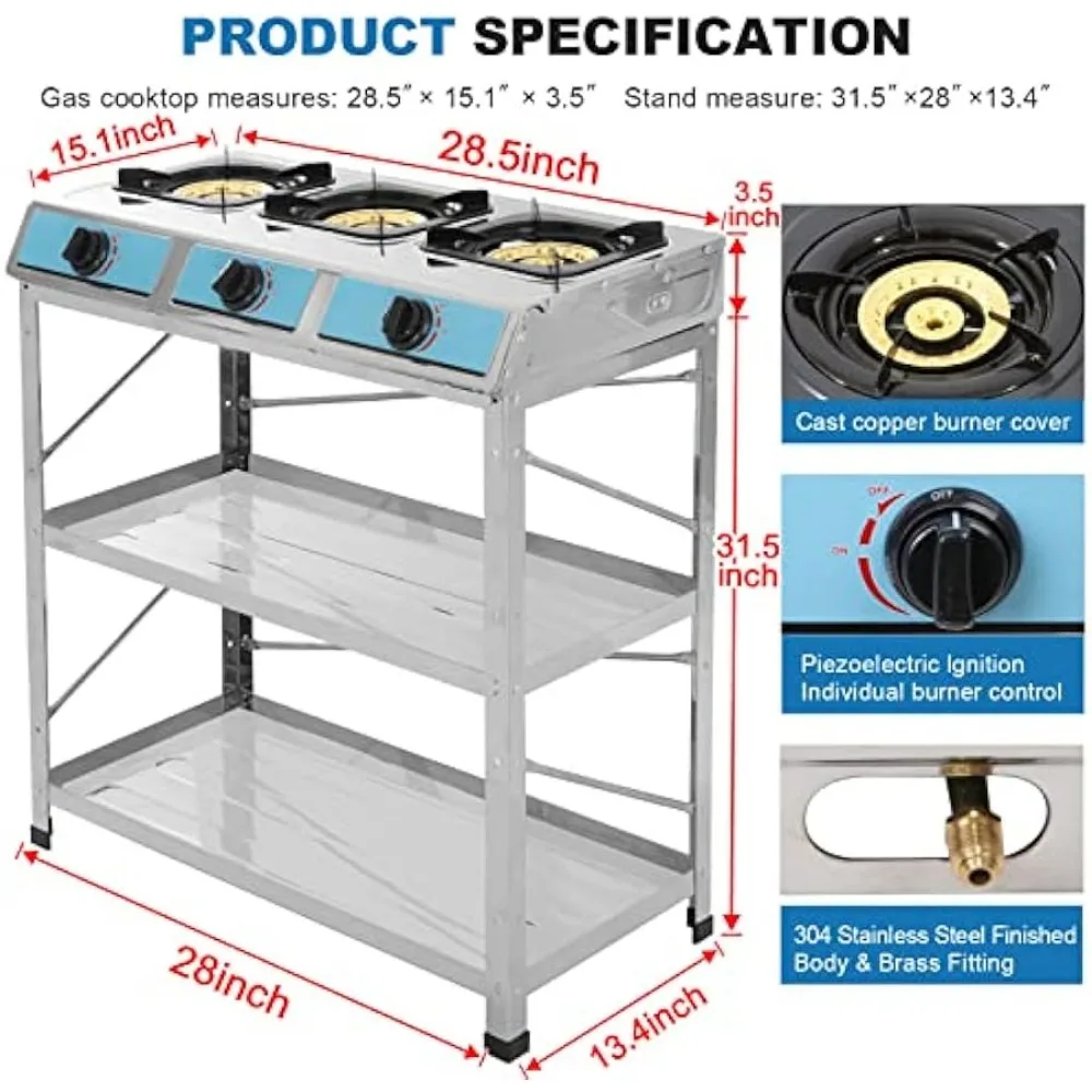 Propane Gas Stove 3 Burner Gas Stove with Removable Leg Stand Portable Auto Ignition Camping three Burner LPG