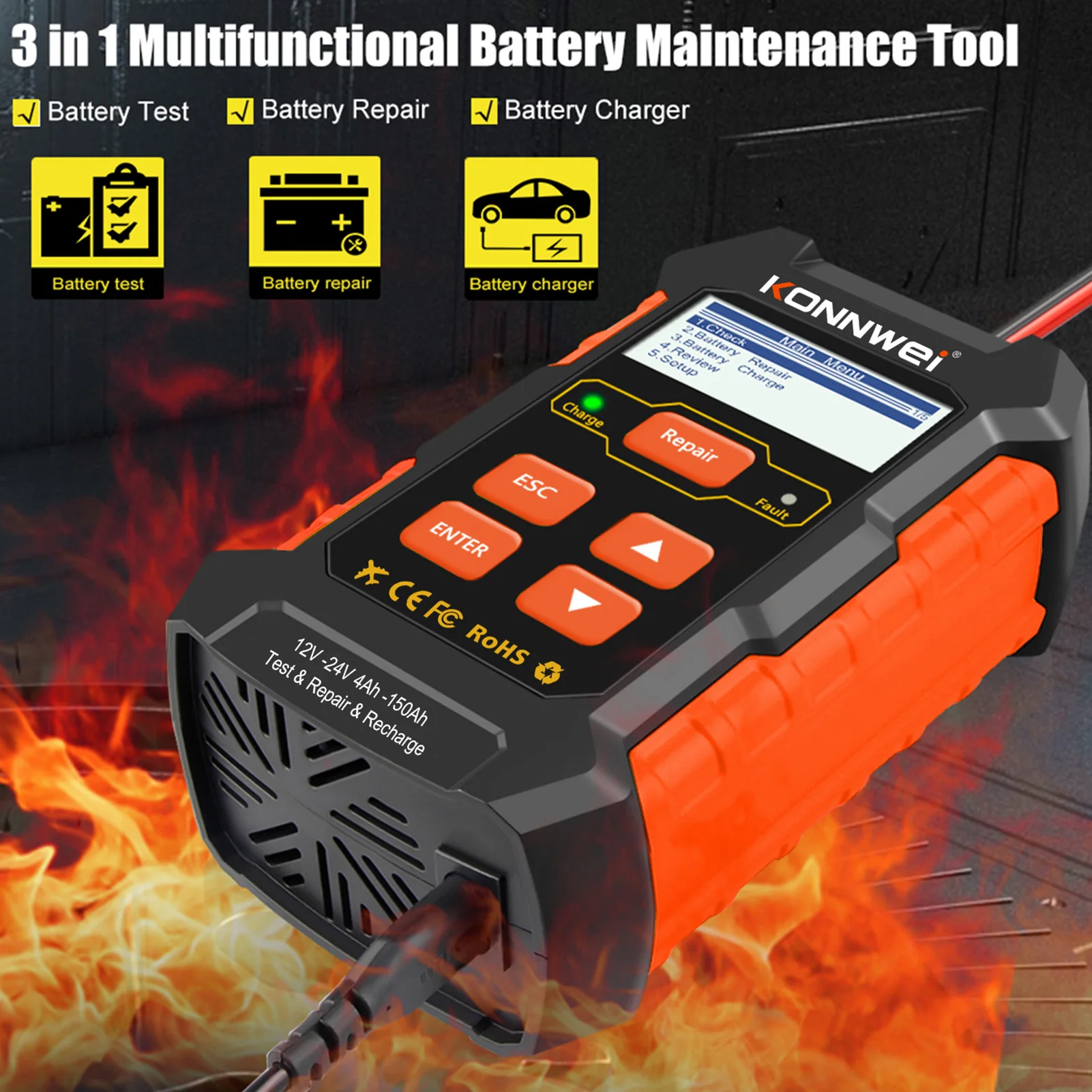 KONNWEI 100-Tester 3 in 1 Diagnostic and 2 fault KW 520 12 V 24 Car Battery Charger Tool detector Automobile Repairing Scanner