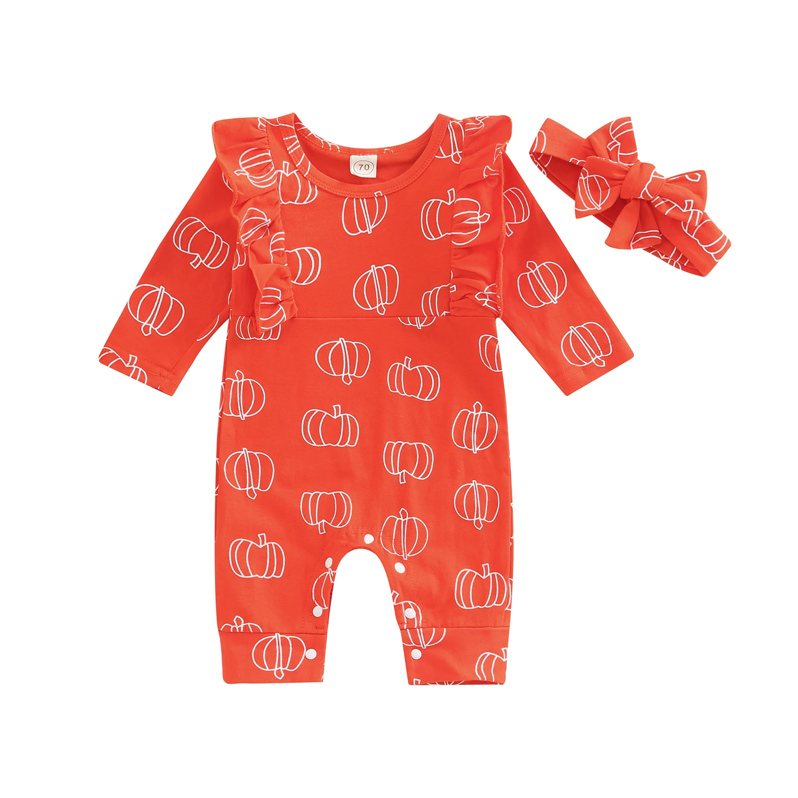 2pcs Infants Baby Girl Halloween Outfit Pumpkin Print Ruffle Long