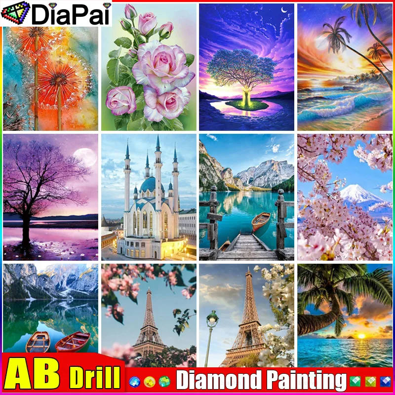 

DIAPAI AB 5D Diamond Painting Full Drill Diamond Embroidery "Deach Flower Tree House" Picture Of Rhinestone Handmade Home Decor