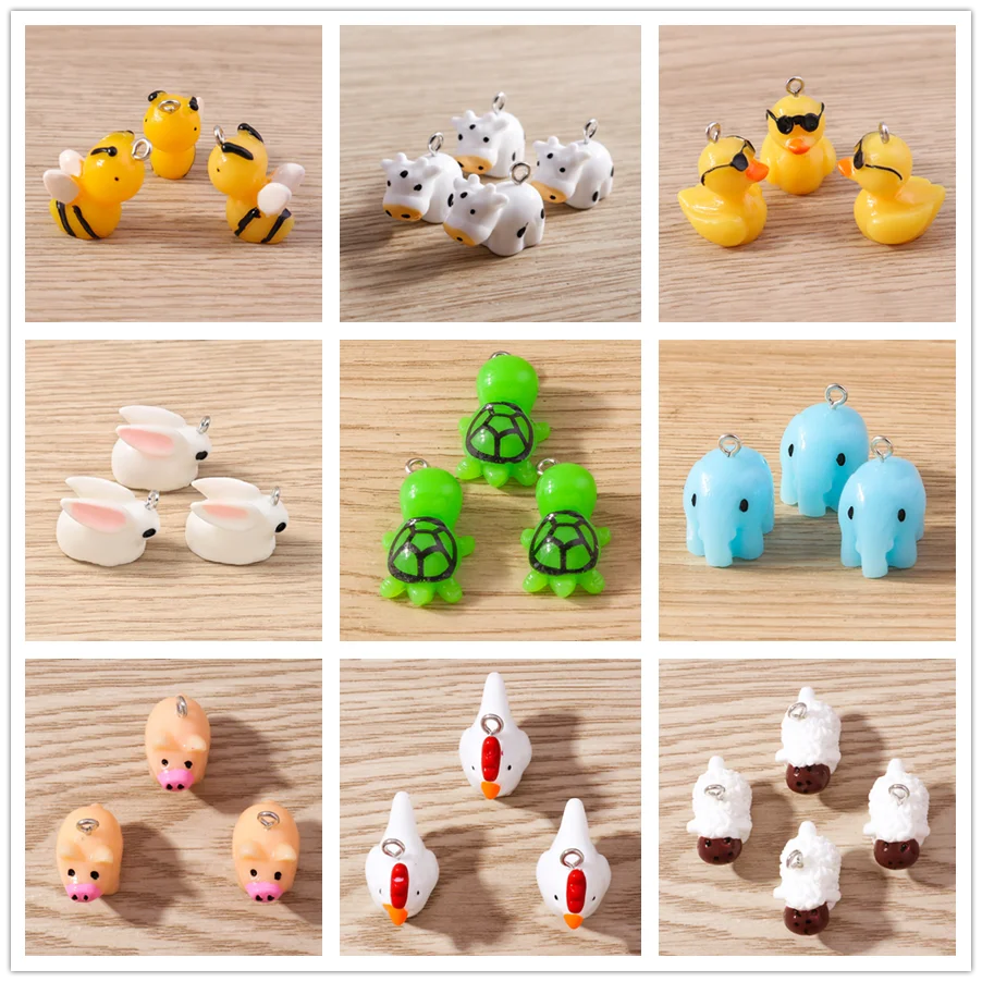 Tusember 10 Stück Tier-Charms, niedliche Harz-Biene, Kaninchen, Ente, Huhn, Milchkuh, Anhänger für Schmuckherstellung, Ohrringe, Halskette, DIY-Handwerk