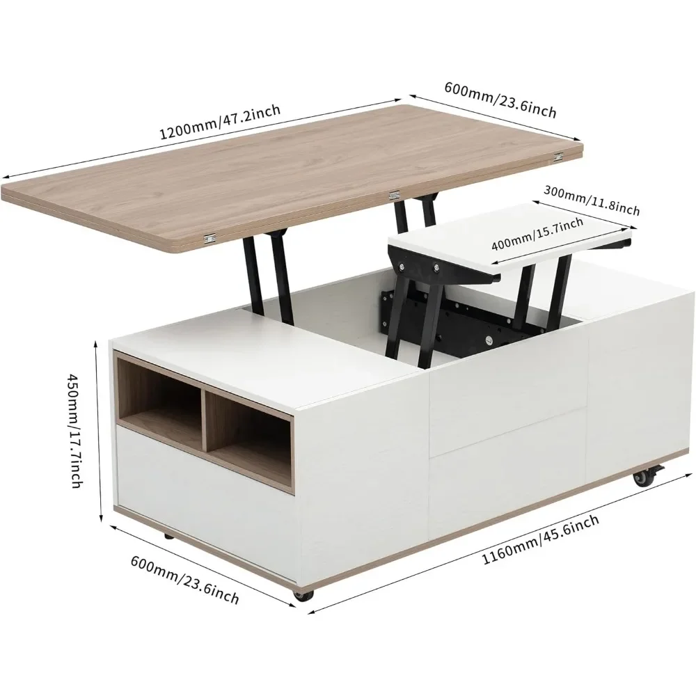 Lift Top Coffee Table with Extendable Tabletop, Storage Drawers & Cabinet 2