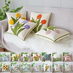 1PC Tulips Orchid flower Embroidered Pillowcase Cushion Cover Morden Casual Cotton Case Sofa Bedroom Decro 45x45cm