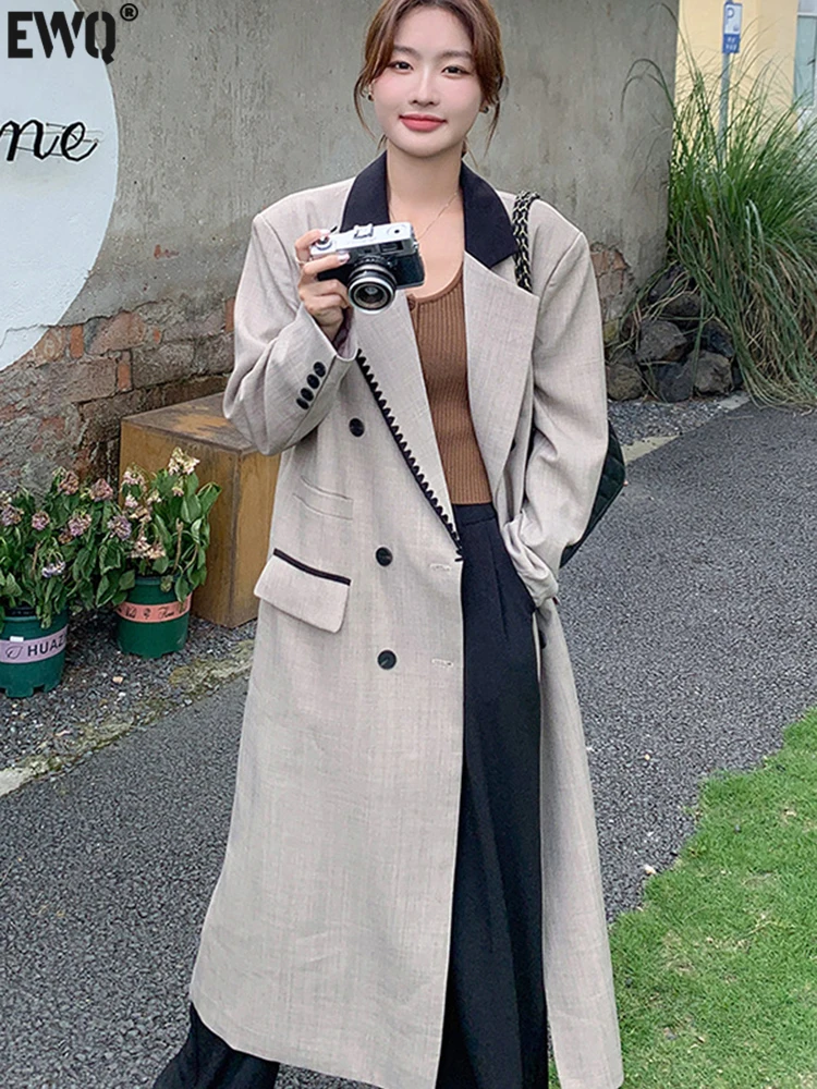 

[EWQ] Fashion Women Trench Coat Double Breasted Long Sleeve Button Decoration Windbreaker Jacket 2023 Autumn Winter New 16U4666
