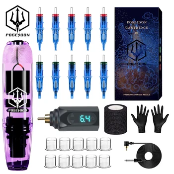 Tattoo Kit POSEIDON Purple Tattoo Pen Kit For Permanent Makeup Tattoo Machine Kit Transparent Tattoo Power Supply Tattoo Gun Kit