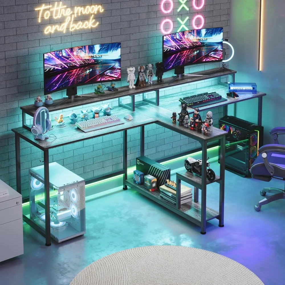 "dual workspace desk with led lighting, 83.7" office desk for two with monitor stand and integrated power outlets, rustic style