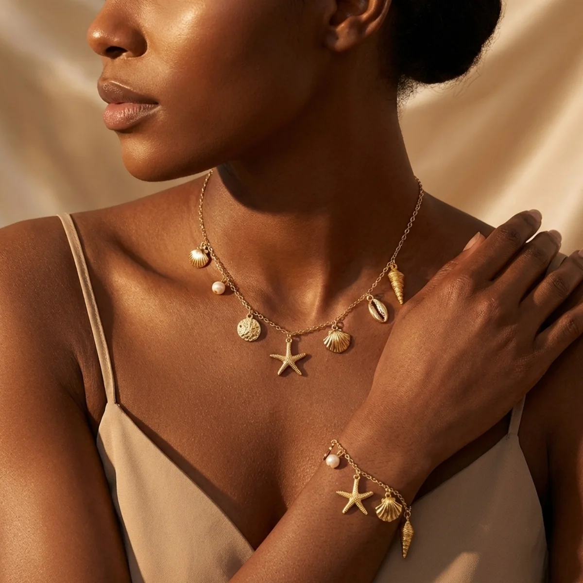 Metall-Seestern-Muschel-Quasten-Halsketten-Armband-Set für Damen und Herren, Bohemian-Stil, Imitationsperlen, Seestern, Ozean, Strand-Schmuckset – Detail 5