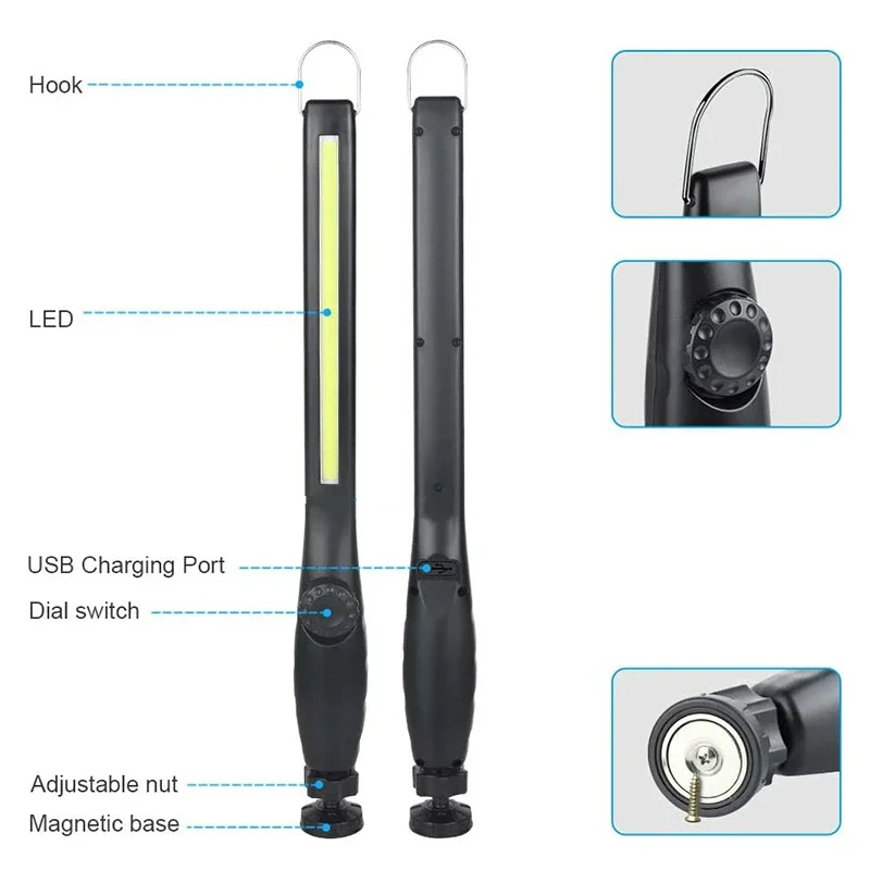 LED USB Rechargeable Portable Magnetic Cordless Work Light Inspection For Car Repair Home Use Workshop Led Flashlight Camping Lamp Led Work Light Camping Lights Work Light
