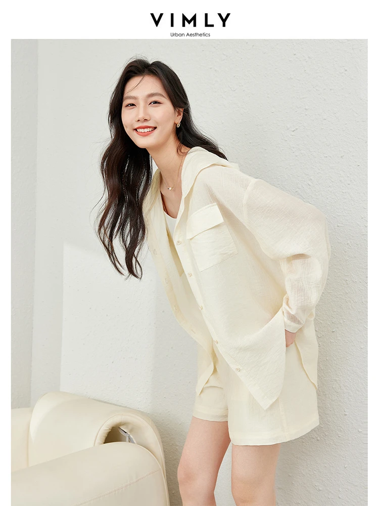 Vimly Apricot Thin Pant Sets for Women 2024 Spring Lyocell Hooded Jacket Elastic Waist Sport Short Pants New Matching Set M6271