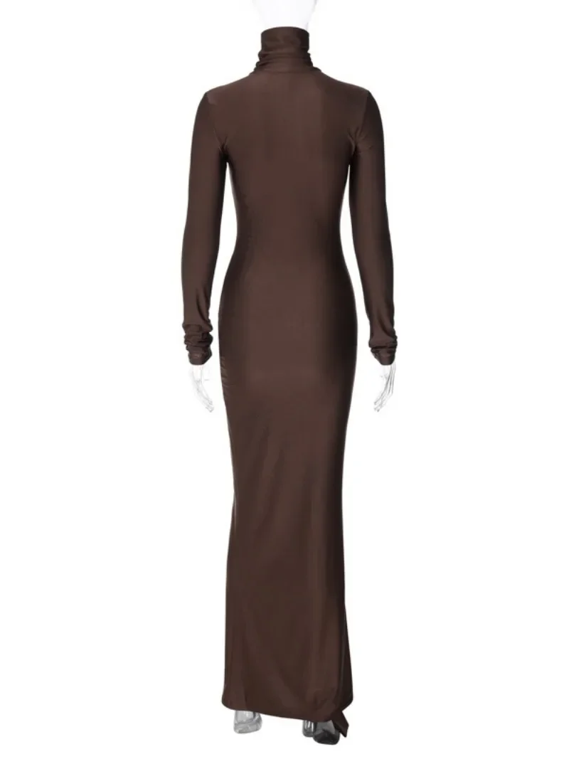 Fashion Women 2025 Spring Turtleneck Bandage Long Dress Elegant Ladies Autumn Bodycon Solid Holiday Party Dresses High Street 6