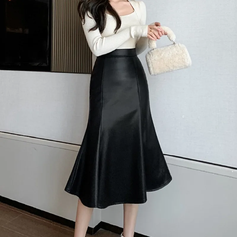 

Ladies Elegant Asymmetrical Faux Leather Mermaid Skirt Autumn Winter New High Waist Midi Skirt Office Female Fashion PU Skirts