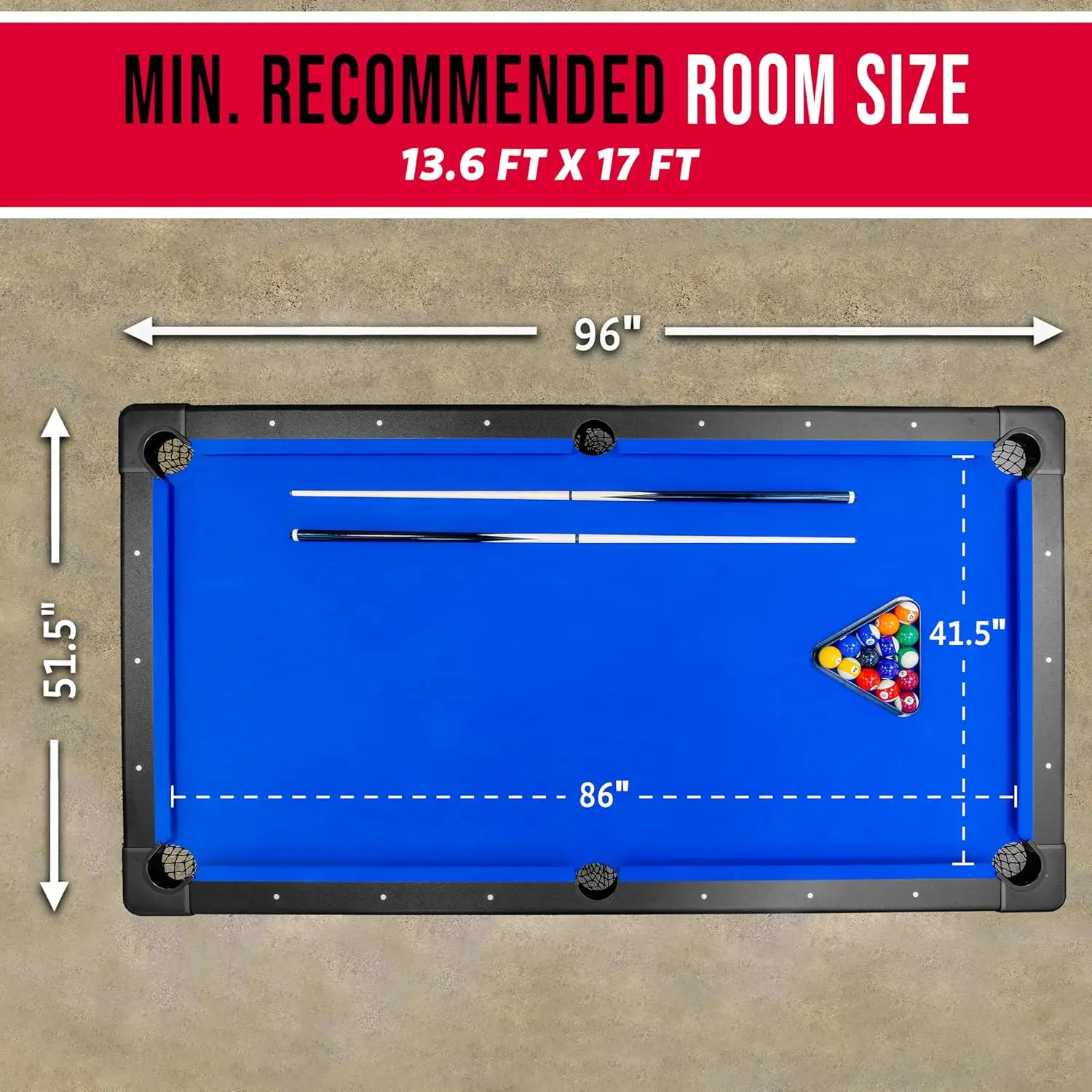 8 ft Billiards Table - Portable Pool Table - Includes Full Set of Balls, 2 Cue Sticks, Chalk and Felt Brush