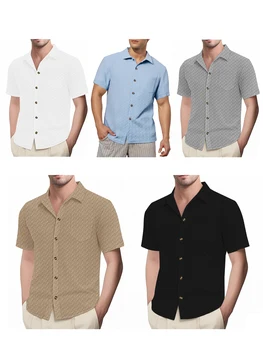 Men s Casual Short Sleeve Button Down Shirt with Turn-down Collar Solid Color Summer Top for Daily Wear and Outings 3