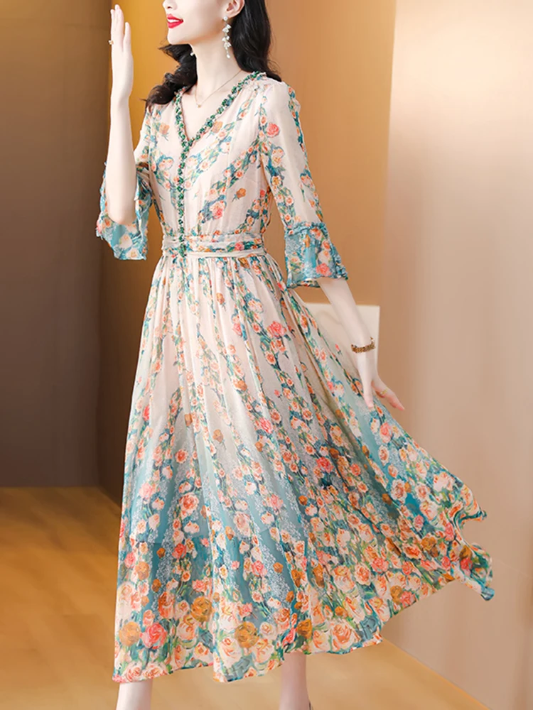 2024 Summer New Luxury Silk Floral Print Casual Midi Dress