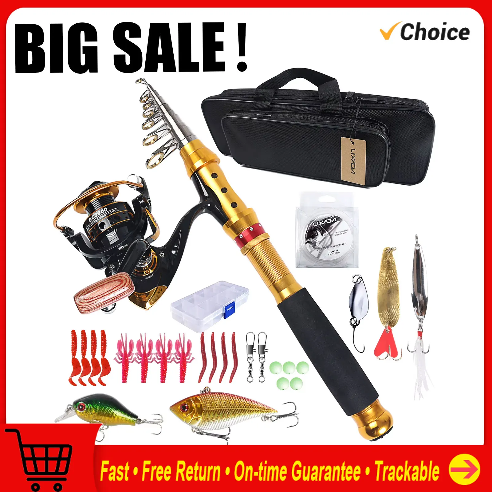 مجموعة صنارة الصيد وبكرة Lixada - مجموعة قضبان تلسكوبية من ألياف الكربون مع خطافات تهزهز وحقيبة حامل الصيد للصيادين