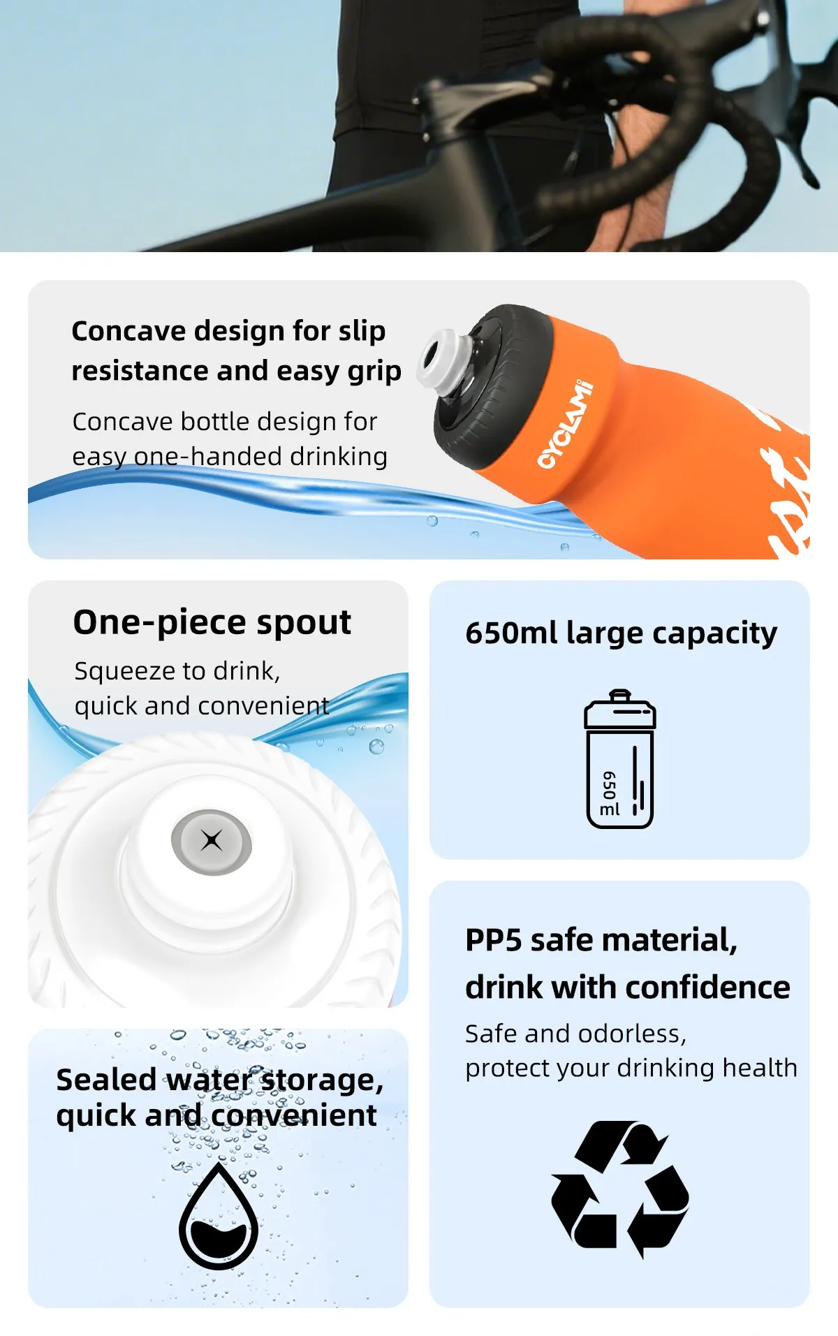 CYCLAMI Bicycle Water Bottle 650ml PP5 Plastic for MTB Road Bike Water Cup Outdoor Sports Portable Squeeze Drink Cycling Kettle Image 3