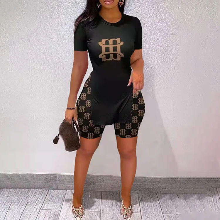 

2023 New Summer Slim Printing Letters Women's Suits Short Sleeve Contrast T-Shirt Split Hem Patchwork Pants Female Coordinates