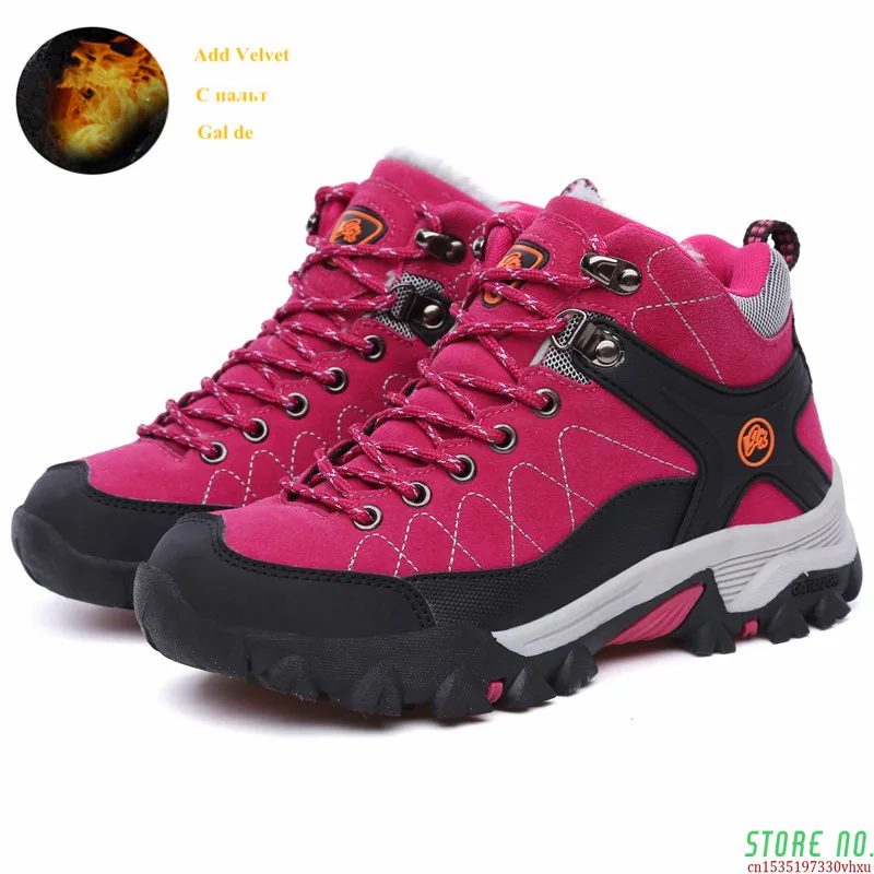 

Women's Mountain Shoes With Fur Red Winter Outdoor Women Hiking Boots Plus Sizes Non-slip Trekking Sneakers