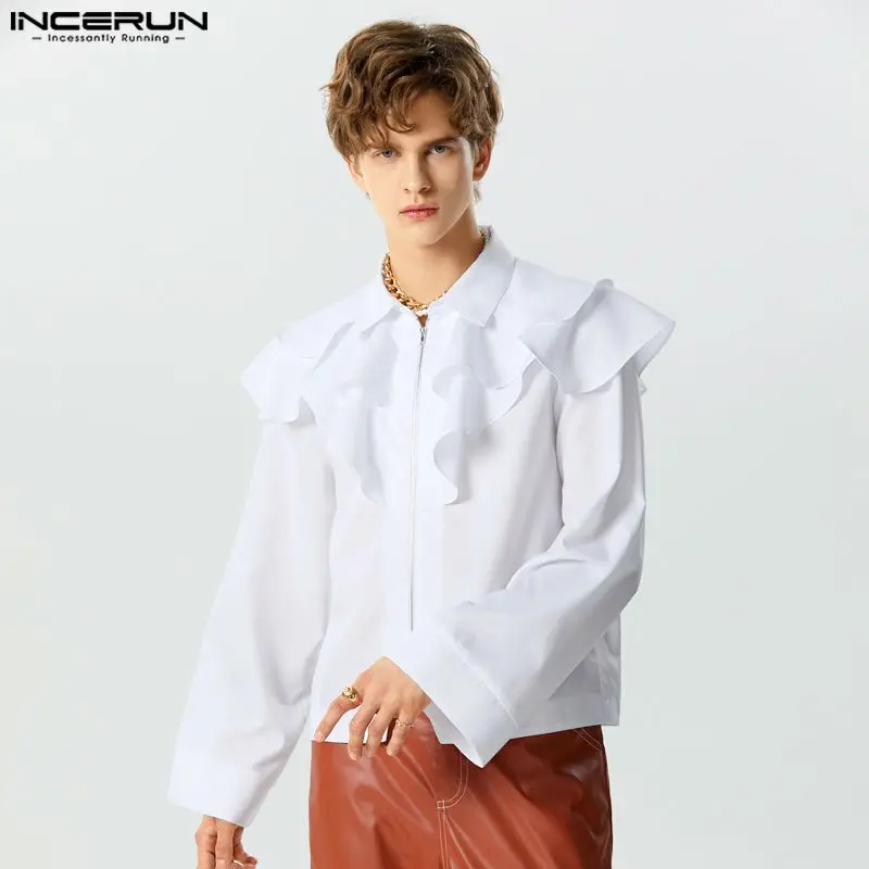 

INCERUN Tops 2023 Handsome New Men's Solid Ruffled Edge Multi-layer Design Shirts Leisure Simple Male Long Sleeved Blouse S-5XL