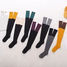 

Spring And Autumn Double Color Matching Over The Knee Stockings Women's Cotton Socks High Tube Thigh Socks Vertical Stripes