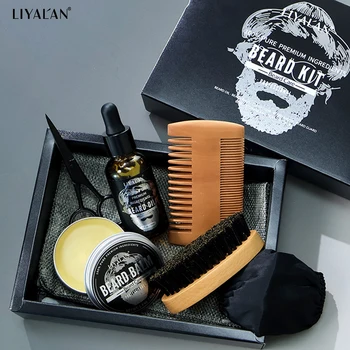 7pcs/sets Men Beard Kit Beard Promote Enhancer Thicker Mustache Grooming Beard Care Oil Moisturizer Wax Balm with Comb Scissor