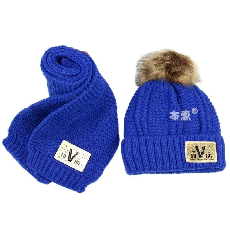 Doitbest Hairball Beanies Sets Velvet Wool Kids Knitted Fur Hats Winter 2 pcs Boys Girl Scarf Hat For 3 to 10 Years old Child