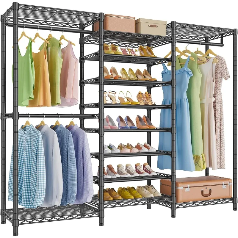 

S3 Heavy Duty Garment Rack Free Standing Clothes Rack Closet Storage Organizer Large Wardrobe with 6-Tier Shoe Rack, Hanging Rod