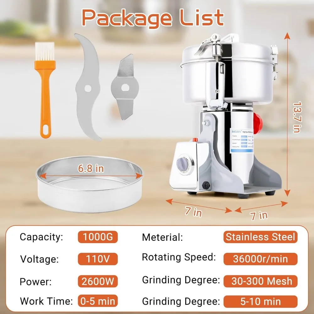 electric grain mill 1000g high-speed grain spice herb grinder 2600w dry grinder machine 304 stainless steel superfine powder hig