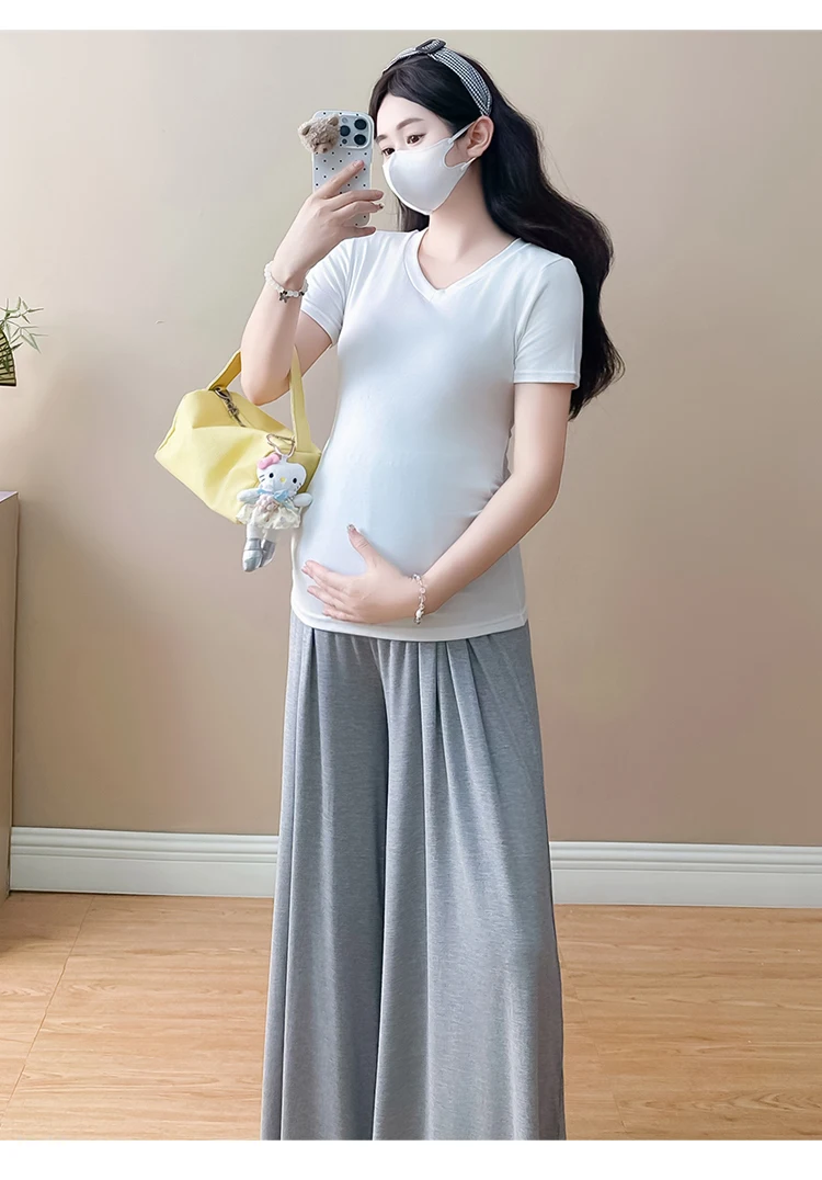 여름 출산 모달 티셔츠 반팔 브이넥 스트레치 임산부 탑 슬림 티셔츠 화이트