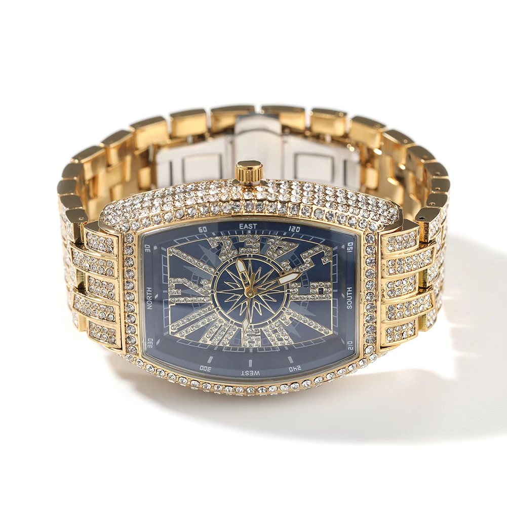 UWIN Rectangular Dial Watches Full Iced Out Full Drill Men Stainless Steel Hip Hop Luxury Watch Rhinestones Quartz Business