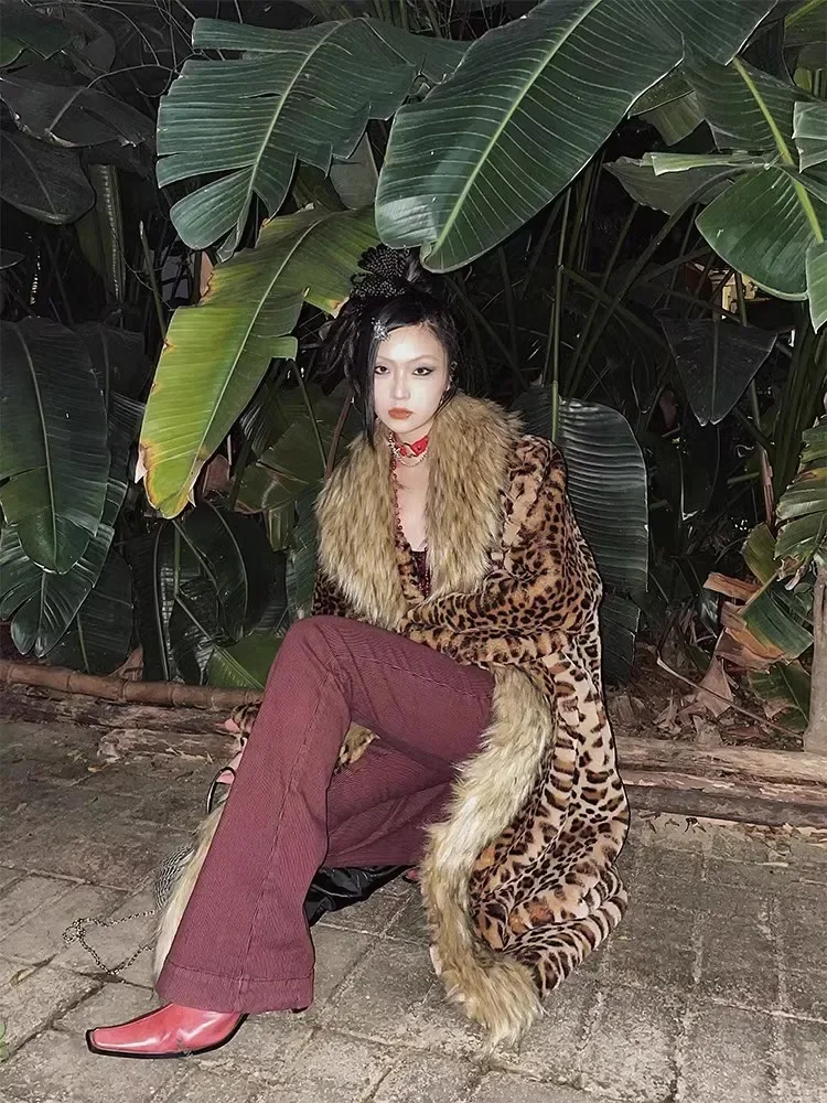 Женское плюшевое пальто с леопардовым принтом, длинная куртка с лацканами и длинными рукавами, элегантная уличная одежда для осени и зимы