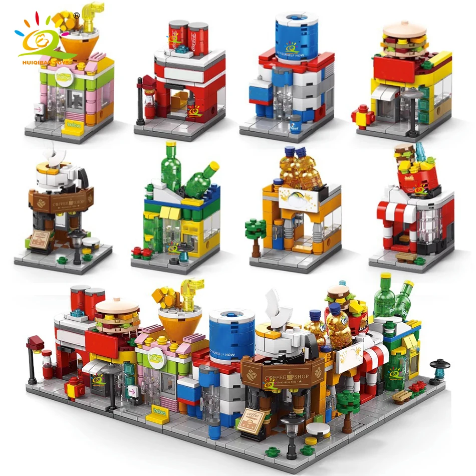 Huiqibao City Street View Series Drink Coffee Fast Food Orange Juice Shop Model Minimarket Building Blocks Set Toys Kids