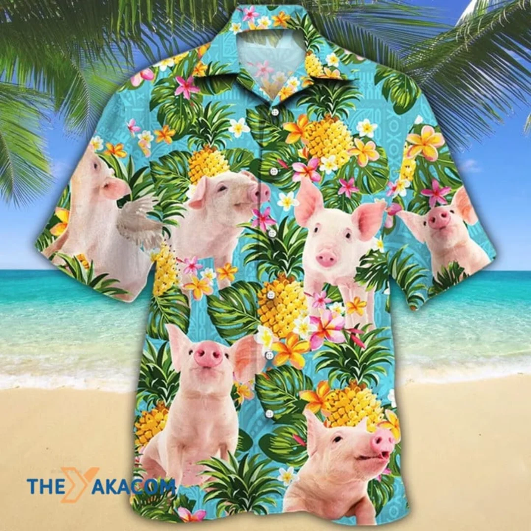 Pink Pig Family On Tropical Pineapple Garden Hawaii Men Hawaiian Shirt 4