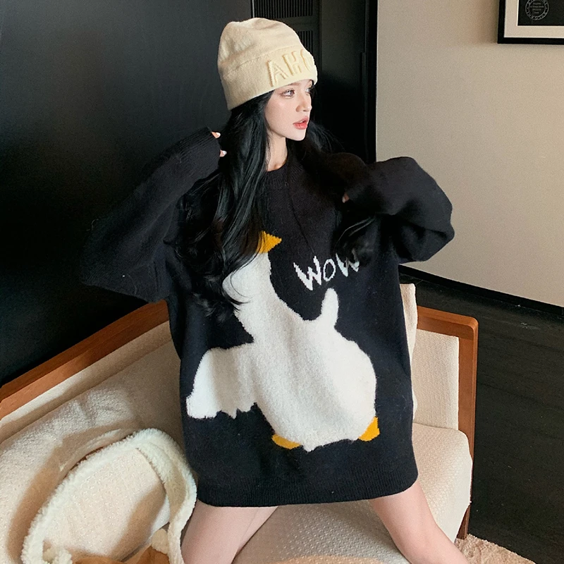 

Retro Sweater Women's Lazy Style Loose Thickened Cartoon Black Gray Knitted Sweater Top Spring And Autumn New Style