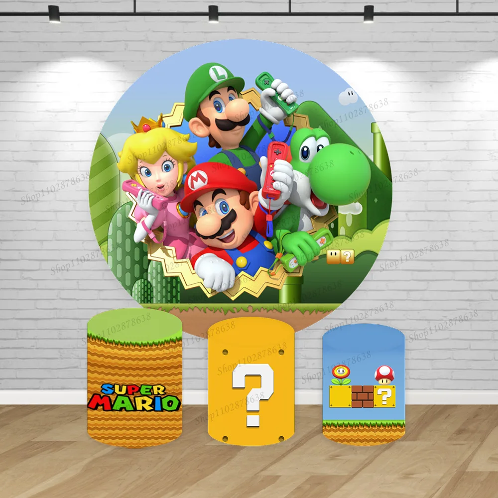 Super Marios Luigi Peach Fondale Round Covers Child Baby 1St Birthday Party Background Cilindro Elastico Banner Puntelli Decori